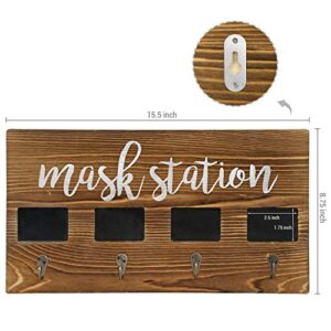 MyGift Wall Mounted Burnt Wood Personal Face Mask Holder Rack with MASK Station Print Design, 4 Mask Key Hooks and Individual Chalkboard Labels