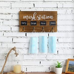 MyGift Wall Mounted Burnt Wood Personal Face Mask Holder Rack with MASK Station Print Design, 4 Mask Key Hooks and Individual Chalkboard Labels