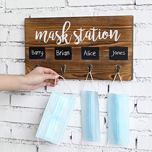 MyGift Wall Mounted Burnt Wood Personal Face Mask Holder Rack with MASK Station Print Design, 4 Mask Key Hooks and Individual Chalkboard Labels