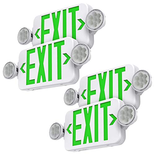 SASELUX Green Led Exit Sign Emergency Light Combo Adjustable Two Head, Double Sided and Battery Backup Exit Light, Contractor Select, AC 120/277V (4 Pack)