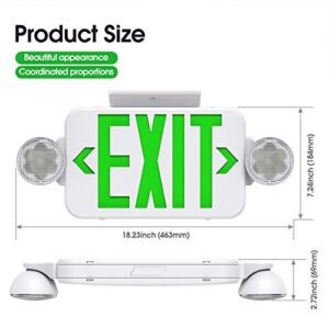 SASELUX Green Led Exit Sign Emergency Light Combo Adjustable Two Head, Double Sided and Battery Backup Exit Light, Contractor Select, AC 120/277V (4 Pack)