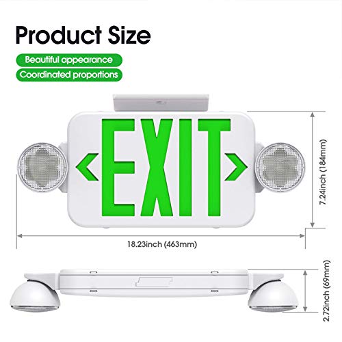 SASELUX Green Led Exit Sign Emergency Light Combo Adjustable Two Head, Double Sided and Battery Backup Exit Light, Contractor Select, AC 120/277V (4 Pack)