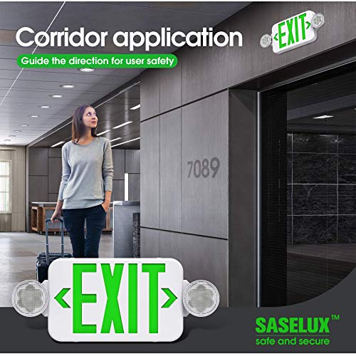 SASELUX Green Led Exit Sign Emergency Light Combo Adjustable Two Head, Double Sided and Battery Backup Exit Light, Contractor Select, AC 120/277V (4 Pack)