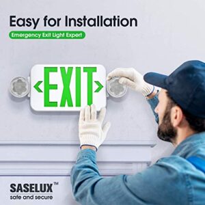 SASELUX Green Led Exit Sign Emergency Light Combo Adjustable Two Head, Double Sided and Battery Backup Exit Light, Contractor Select, AC 120/277V (4 Pack)