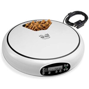 arf pets automatic pet feeder, 5 meal food dispenser for dogs, cats & small animals w/programmable timer, dishwasher-safe tray feeds wet or dry food - (serves 4 meals per day) adopter included
