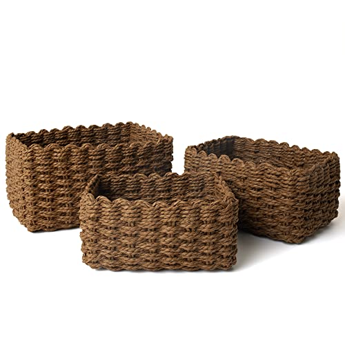 LA JOLIE MUSE Woven Storage Baskets, Recycled Paper Rope Bin Organizer Divider for Cupboards Drawer Closet Shelf Dresser, Set of 3 (Brown)