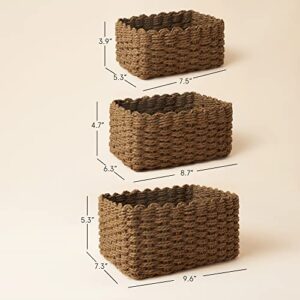 LA JOLIE MUSE Woven Storage Baskets, Recycled Paper Rope Bin Organizer Divider for Cupboards Drawer Closet Shelf Dresser, Set of 3 (Brown)