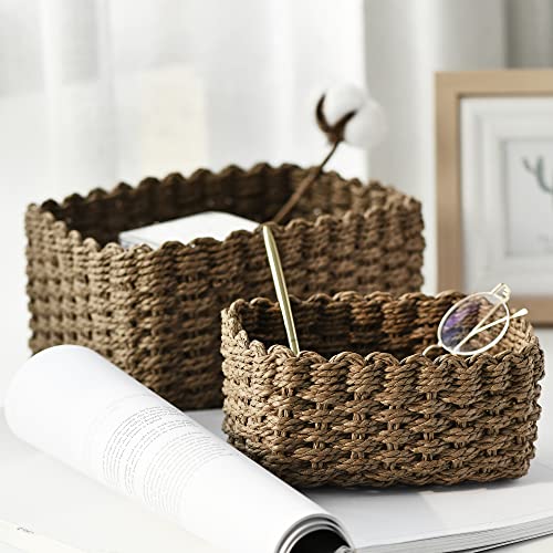 LA JOLIE MUSE Woven Storage Baskets, Recycled Paper Rope Bin Organizer Divider for Cupboards Drawer Closet Shelf Dresser, Set of 3 (Brown)