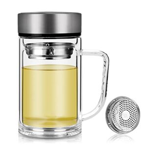 overtwice office glass infuser bottle tea tumbler cup double wall borosilicate travel mug portable tea maker with strainer for loose tea,flower herbal,tea bags 13 oz/380ml 11
