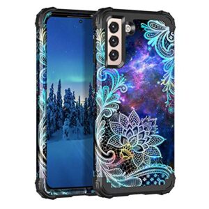 casetego compatible with galaxy s21 5g case,floral three layer heavy duty sturdy shockproof soft tpu+hard pc protective cover case for samsung galaxy s21 5g 6.2 inch,blue mandala