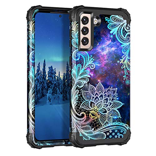 Casetego Compatible with Galaxy S21 5G Case,Floral Three Layer Heavy Duty Sturdy Shockproof Soft TPU+Hard PC Protective Cover Case for Samsung Galaxy S21 5G 6.2 inch,Blue Mandala