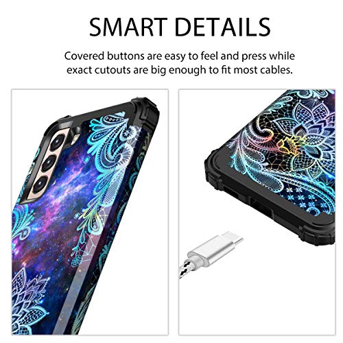 Casetego Compatible with Galaxy S21 5G Case,Floral Three Layer Heavy Duty Sturdy Shockproof Soft TPU+Hard PC Protective Cover Case for Samsung Galaxy S21 5G 6.2 inch,Blue Mandala