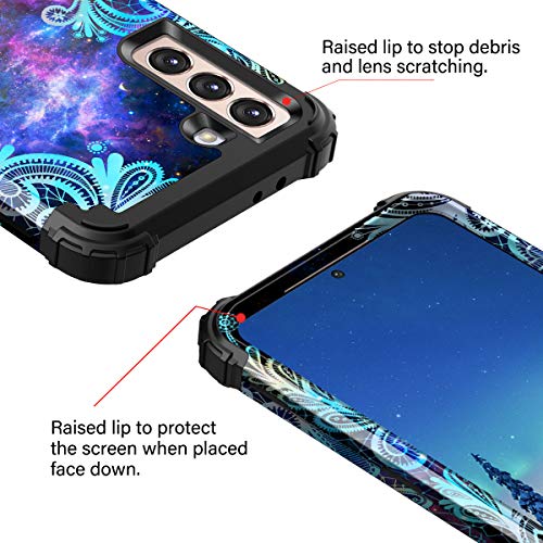 Casetego Compatible with Galaxy S21 5G Case,Floral Three Layer Heavy Duty Sturdy Shockproof Soft TPU+Hard PC Protective Cover Case for Samsung Galaxy S21 5G 6.2 inch,Blue Mandala