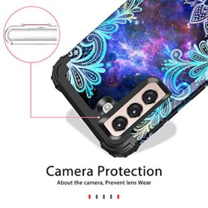 Casetego Compatible with Galaxy S21 5G Case,Floral Three Layer Heavy Duty Sturdy Shockproof Soft TPU+Hard PC Protective Cover Case for Samsung Galaxy S21 5G 6.2 inch,Blue Mandala