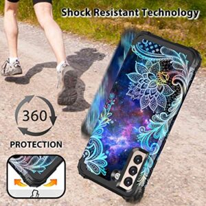 Casetego Compatible with Galaxy S21 5G Case,Floral Three Layer Heavy Duty Sturdy Shockproof Soft TPU+Hard PC Protective Cover Case for Samsung Galaxy S21 5G 6.2 inch,Blue Mandala