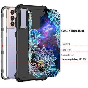 Casetego Compatible with Galaxy S21 5G Case,Floral Three Layer Heavy Duty Sturdy Shockproof Soft TPU+Hard PC Protective Cover Case for Samsung Galaxy S21 5G 6.2 inch,Blue Mandala