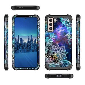 Casetego Compatible with Galaxy S21 5G Case,Floral Three Layer Heavy Duty Sturdy Shockproof Soft TPU+Hard PC Protective Cover Case for Samsung Galaxy S21 5G 6.2 inch,Blue Mandala