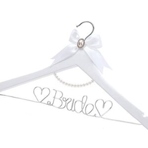 huidian white solid wood bridal dress hanger with bridal wire lettering for bridal wedding party gift (white hanger silver thread and pearl chain)