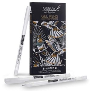 PANDAFLY White Gold Silver Gel Pens, 0.8 mm Extra Fine Point Metallic Gel Ink Pens for Black Paper Drawing, Sketching, Illustration, Card Making, Bullet Journaling, Pack of 8