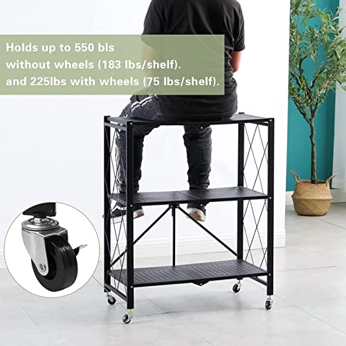 3-Shelf Foldable Storage Shelves with Wheels, Large Capacity Shelving Unit, Freestanding Metal Wire Shelf Rack, No Assembly Organizer Rack for Garage Kitchen, Basement, Pantry, Heavy Duty