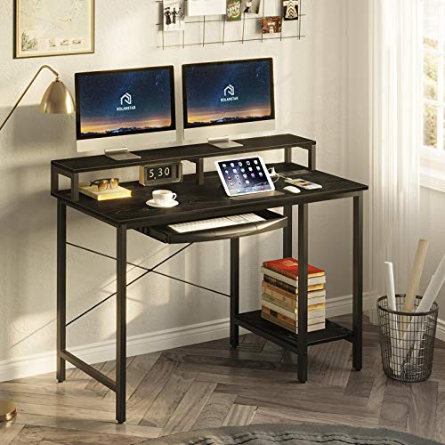 Rolanstar Computer Desk with Power Outlet and Monitor Stand Shelf, 47” Home Office PC Desk with Keyboard Tray and USB Ports Charging Station, Desktop Table, Stable Metal Frame Workstation, Black