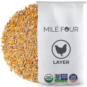 mile four | layer chicken feed | organic, non-gmo, corn-free, soy-free, non-medicated chicken food | adult poultry, roosters, chickens, ducks, geese & gamebirds | 16% protein | whole grain | 23 lbs.