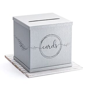 hayley cherie - silver gift card box with black foil design- textured finish - large size 10" x 10" - for wedding receptions, bridal & baby showers, birthdays, graduations, funerals, money