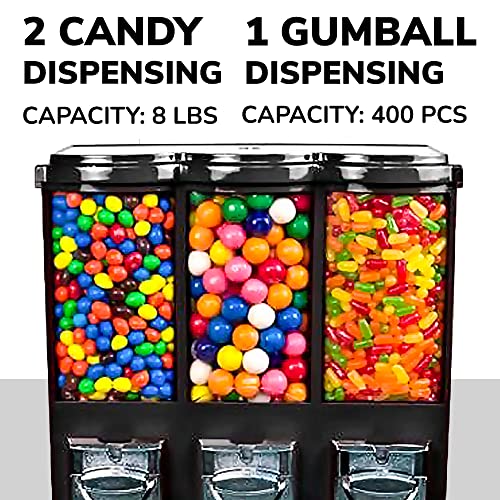 Vending Machine - Commercial Gumball and Candy Machine with Stand - Triple Vending Machine with Removable Canisters - Coin Operated Candy Dispenser and Gumball Machine - Vending Dispenser - Black