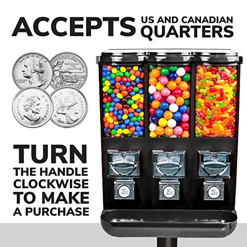 Vending Machine - Commercial Gumball and Candy Machine with Stand - Triple Vending Machine with Removable Canisters - Coin Operated Candy Dispenser and Gumball Machine - Vending Dispenser - Black