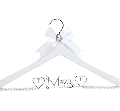 HUIDIAN White Solid Wood Bridal Dress Hanger with Lady Wire Lettering for Bridal Wedding Party Gift (Pearl Silver Thread and White Hanger)