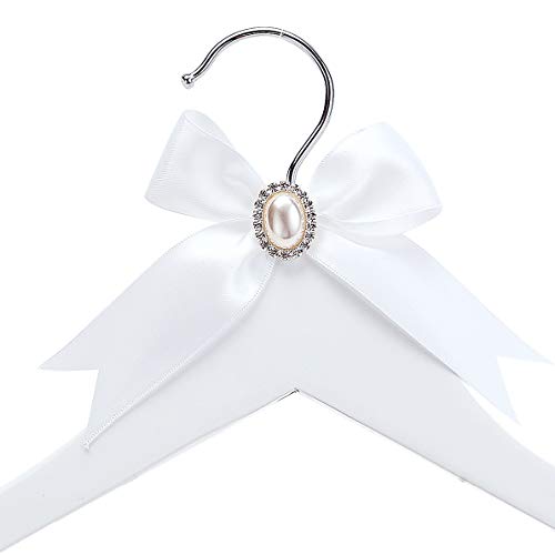 HUIDIAN White Solid Wood Bridal Dress Hanger with Lady Wire Lettering for Bridal Wedding Party Gift (Pearl Silver Thread and White Hanger)