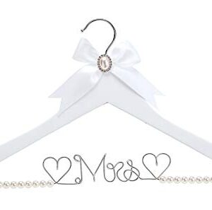 HUIDIAN White Solid Wood Bridal Dress Hanger with Lady Wire Lettering for Bridal Wedding Party Gift (Pearl Silver Thread and White Hanger)