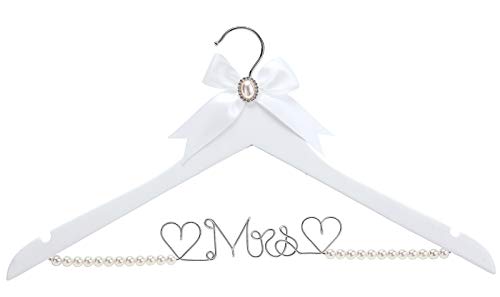 HUIDIAN White Solid Wood Bridal Dress Hanger with Lady Wire Lettering for Bridal Wedding Party Gift (Pearl Silver Thread and White Hanger)