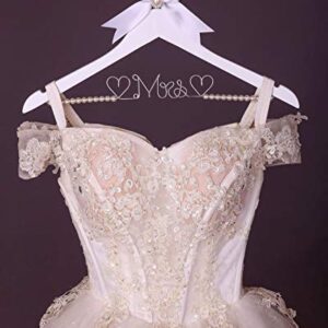 HUIDIAN White Solid Wood Bridal Dress Hanger with Lady Wire Lettering for Bridal Wedding Party Gift (Pearl Silver Thread and White Hanger)