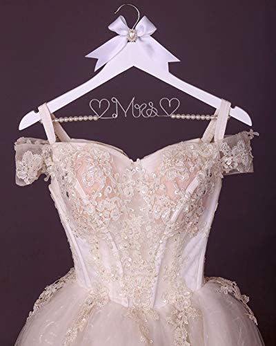 HUIDIAN White Solid Wood Bridal Dress Hanger with Lady Wire Lettering for Bridal Wedding Party Gift (Pearl Silver Thread and White Hanger)