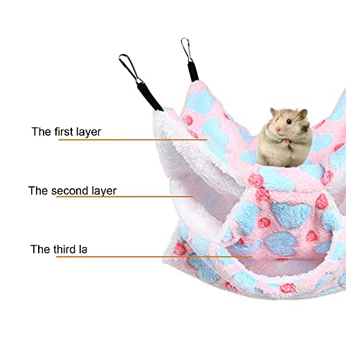 Petmolico Small Pet Cage Hammock, Warm Plush Triple BunkBed Hanging Hammock Cage Accessories for Parrot Sugar Glider Ferret Squirrel Hamster Rat Hideout Playing Sleeping, Pink Heart