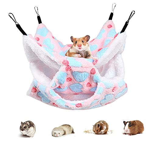 Petmolico Small Pet Cage Hammock, Warm Plush Triple BunkBed Hanging Hammock Cage Accessories for Parrot Sugar Glider Ferret Squirrel Hamster Rat Hideout Playing Sleeping, Pink Heart