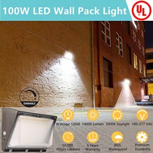 Dimmable 100W LED Wall Pack Light with Dusk to Dawn Photocell, 100-277V 14000LM 600-800W HPS/HID Equiv., 5000K Daylight Outdoor Security Lighting, UL/DLC Commercial Wall Mount Lights for Warehouse