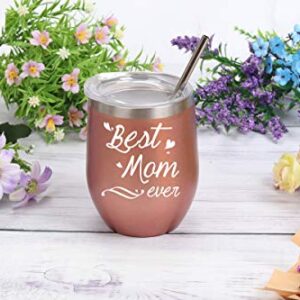 Best Mom Tumbler Best Mom Ever Tumbler with Straw and Lid Best Mom Ever Wine Tumble Birthday Mothers Day Gifts for Mom from Daughter Son New Mom Wine Tumbler 12 Ounce with Gift Box Rose Gold