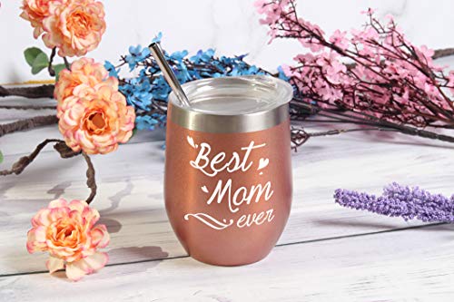 Best Mom Tumbler Best Mom Ever Tumbler with Straw and Lid Best Mom Ever Wine Tumble Birthday Mothers Day Gifts for Mom from Daughter Son New Mom Wine Tumbler 12 Ounce with Gift Box Rose Gold