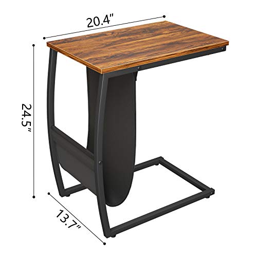 CubiCubi Sofa Side Table, C Table End Table with Side Pocket, Snack Table for Living Room Couch, Deep Brown