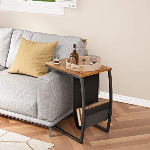 CubiCubi Sofa Side Table, C Table End Table with Side Pocket, Snack Table for Living Room Couch, Deep Brown