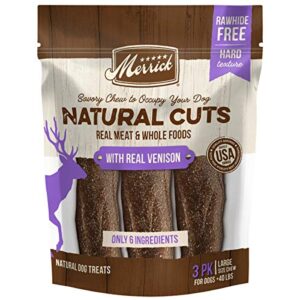 merrick natural cuts rawhide free dog treats filled chew made with real meat and whole foods, venison, 0.71 pounds