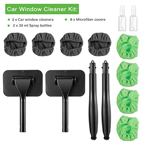 2 Pack Windshield Cleaning Tool Windshield Cleaning Wand Auto Window Cleaner with Detachable Handle, 8 Pieces Reusable Cloth Pads and 2 Pieces Spray Bottles for Car Interior (Gray, Green)