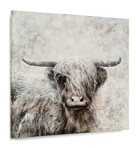 yihui arts highland cow canvas wall art hand painted lovely wild animal oil paintings grey and white rustic pictures yak artwork for farmhouse living room bedroom bathroom decoration