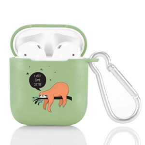 green case cover for airpod 1&2 w/keychain carabiner+storage bag,cute sloth airpod case wireless earphone case smooth anti-dust flexible silicone protective cover soft skin avocado green case