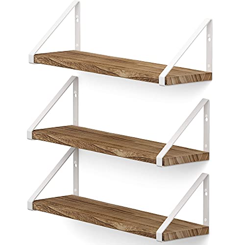 Wallniture Ponza Floating Shelves for Wall Bathroom Shelves Wall Mounted Set of 3, Burned Finish Wood Shelves with White Shelf Brackets