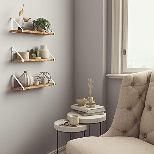 Wallniture Ponza Floating Shelves for Wall Bathroom Shelves Wall Mounted Set of 3, Burned Finish Wood Shelves with White Shelf Brackets