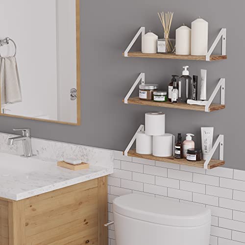 Wallniture Ponza Floating Shelves for Wall Bathroom Shelves Wall Mounted Set of 3, Burned Finish Wood Shelves with White Shelf Brackets