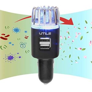 UTILE Car Ionizer Purifier with Dual USB Charger – Ionic Air Freshener for Odor Removal | 2.1A/0.8W USB Charging for Phone, Tablet and Other Devices (Black, Pack of 2)